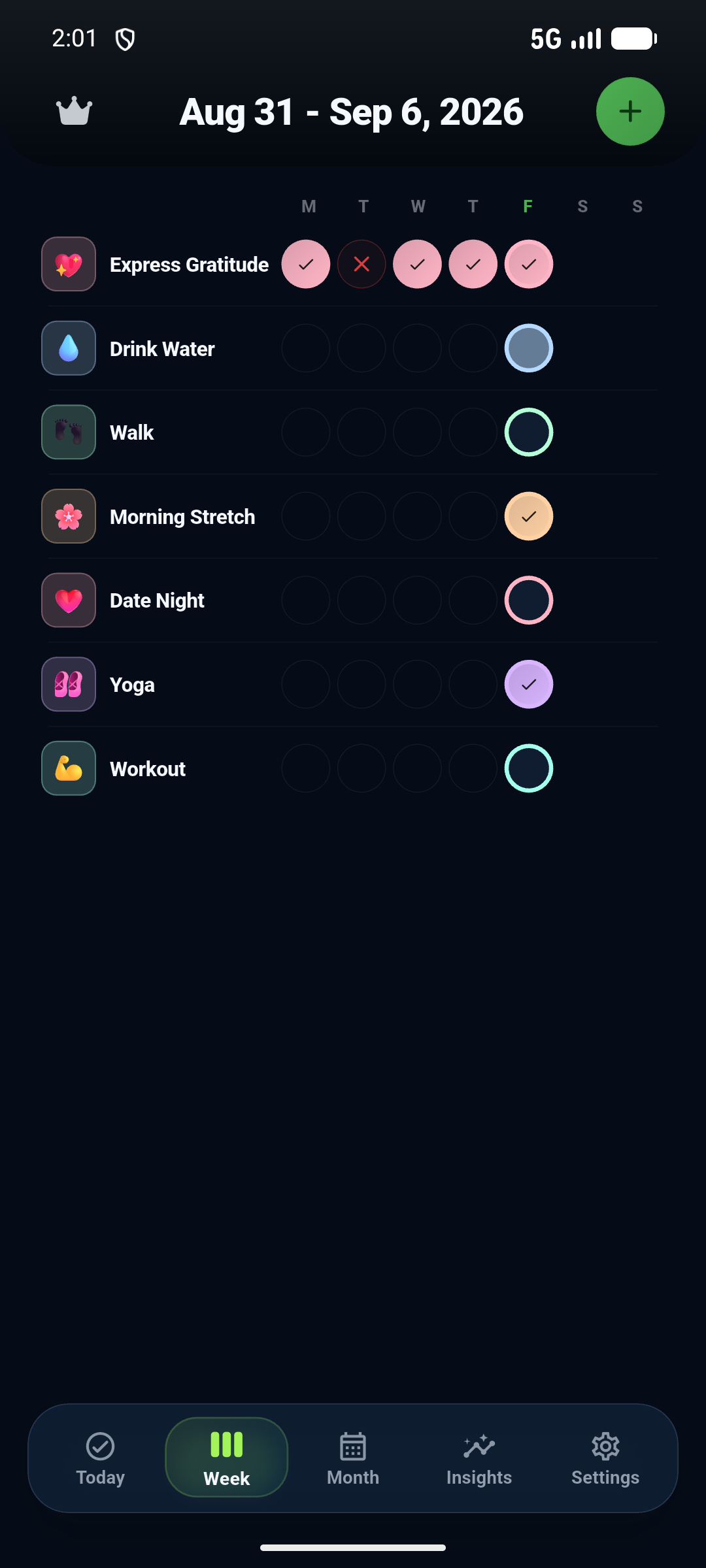 KoruHabit weekly progress screen